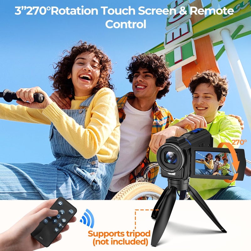 FIREFOTO Video Camera Camcorder 4K, 48MP Cam Corder with IR Night Vision, 16X Zoom Vlogging Video for YouTube, 3.0" 270° Rotation Touch Screen Podcast Camera with Battery/32GB SD Card/Remote Control - Image 4